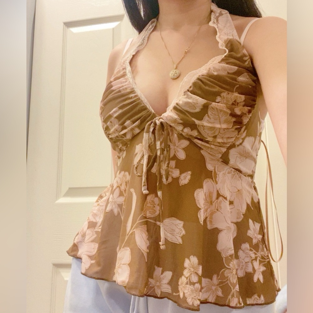 Brown and Pink Floral Halter Babydoll Top